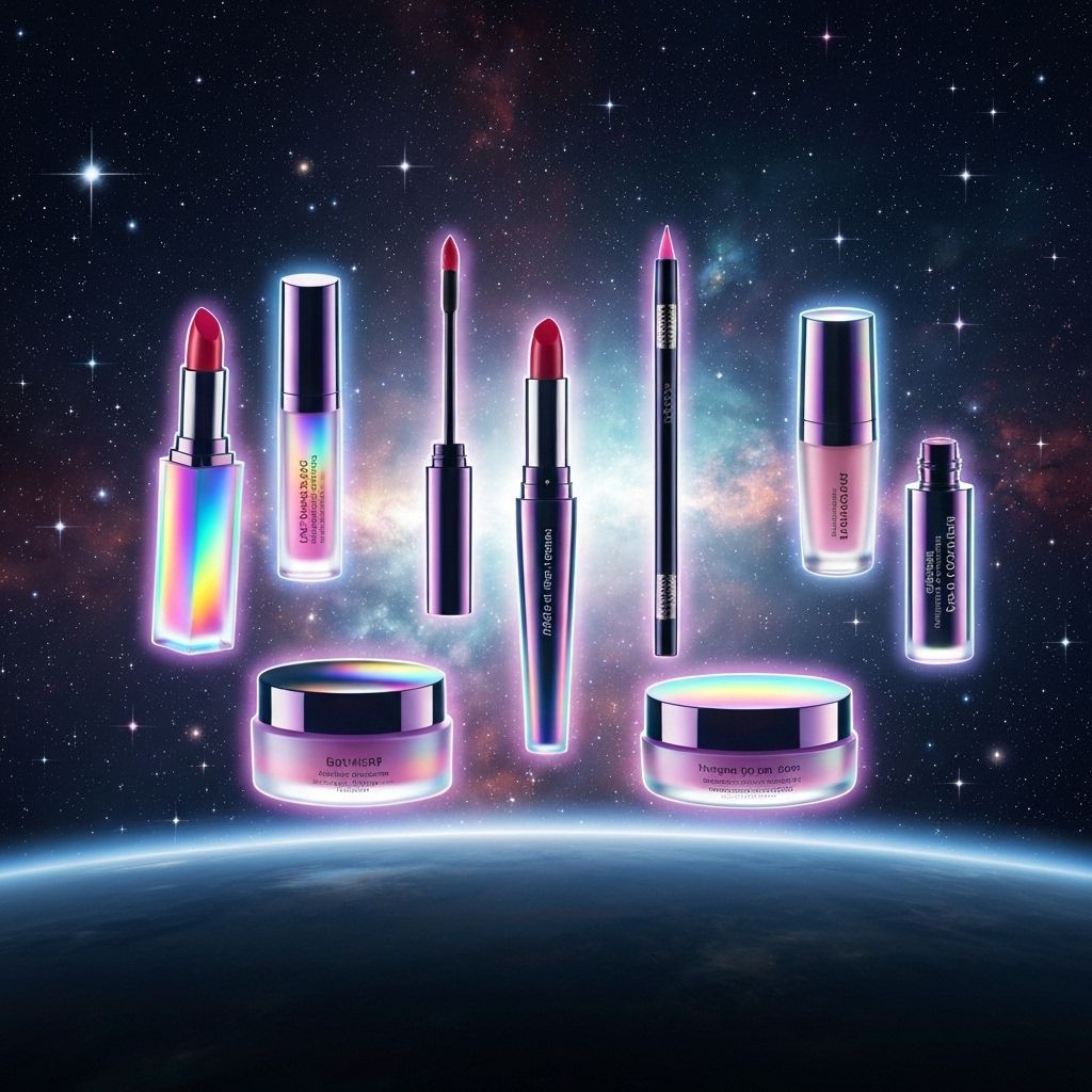 Futuristic beauty products with holographic effects